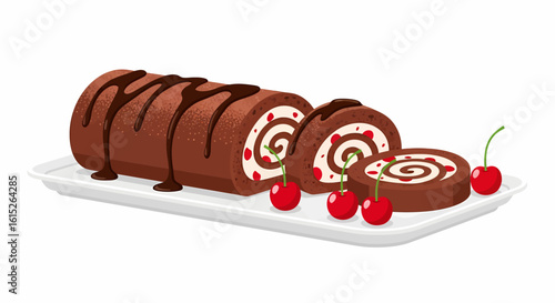 Chocolate and cherry swirl roll cake, sliced and drizzled with chocolate, on a white plate.