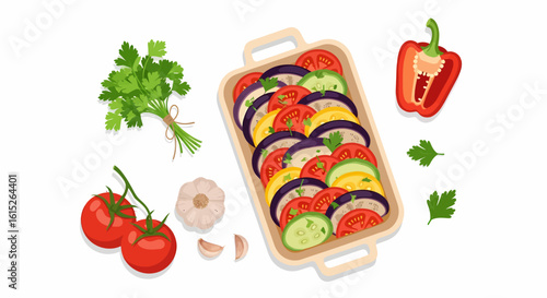 Overhead view of a colorful vegetable gratin in a baking dish surrounded by fresh ingredients like tomatoes, garlic, and parsley, ready for cooking.