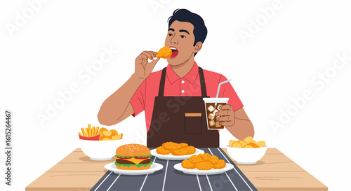 Man in apron eating fried chicken, holding a soda, with burger, fries, and nuggets on a table.