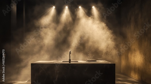 Dramatic Kitchen Island with Atmospheric Lighting and Smoky Ambiance.