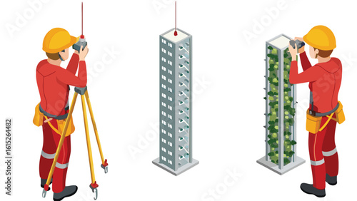 Workers surveying buildings one bare and one with greenery using surveying equipment on a white background