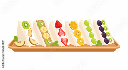 Assorted fruit sandwiches arranged on a wooden platter, showcasing a variety of colorful toppings.