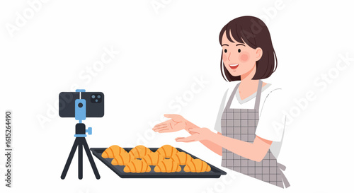 Woman demonstrating how to bake croissants, using a smartphone and tripod for a cooking tutorial.