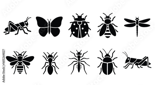 Vector silhouette illustration a collection of black insect silhouettes including a ladybug and an ant
