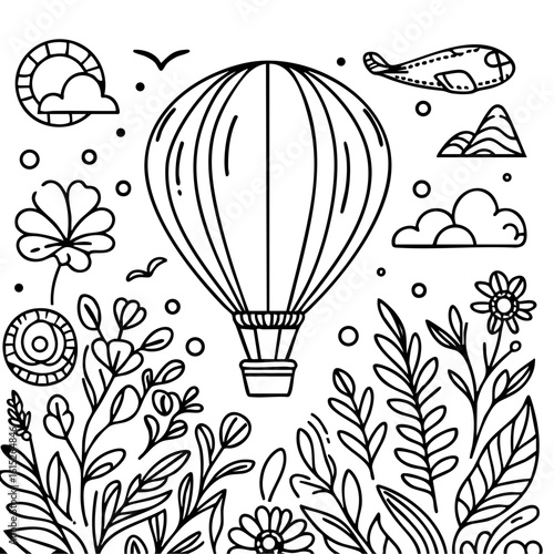 Black and white illustration of hot air balloon surrounded by nature  