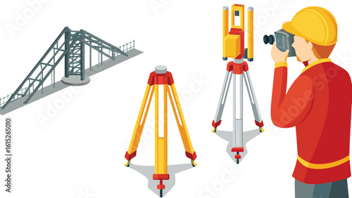 Isometric view of surveyor with theodolite bridge and tripods for construction measurement tasks