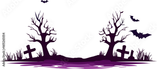 Spooky Halloween scene with silhouettes of trees, bats, and tombstones