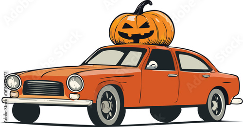 A car is decorated with a carved pumpkin for Halloween celebrations