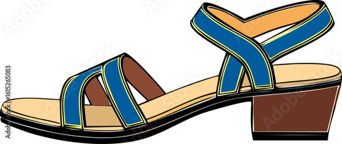Stylish blue sandal. The sandal has blue straps and a low heel