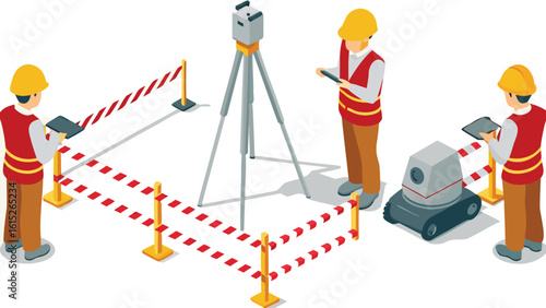 Isometric view of surveyors with equipment and safety barriers at a construction site location setup