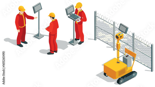 Isometric view of workers with monitors and a yellow robot near a fence on a white background