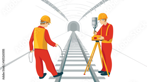 Two surveyors working inside a tunnel with tracks using surveying equipment and wearing safety gear
