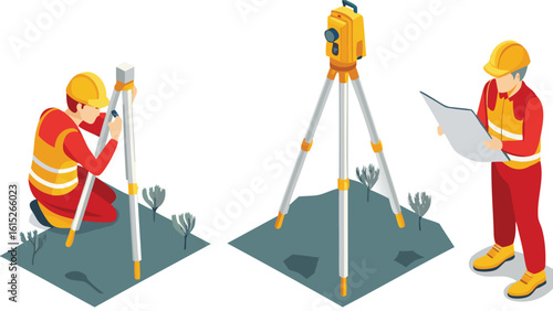 Isometric illustration of surveyors using theodolite and reading plans on a construction site area