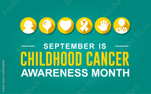 Childhood Cancer Awareness Month. Kid, balloon, palm, ribbon, and paediatrician. Great for cards, banners, posters, social media, and more.