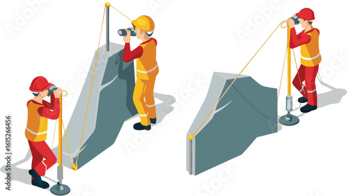 Isometric view of surveyors using surveying equipment to measure land features on a white background