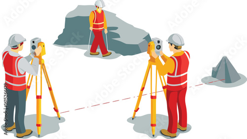 Surveyors at work using theodolites and a prism pole to measure land features on a construction site