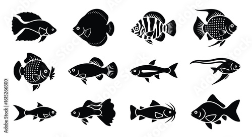Vector silhouette illustration a pattern of various black fish silhouettes swimming against a white background