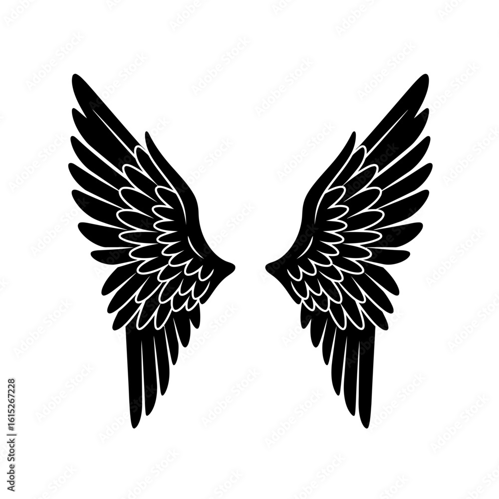 Fototapeta premium Detailed black and white illustration of two wings silhouette