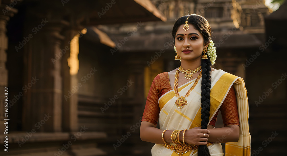 Fototapeta premium Beautiful Indian Woman in Traditional Attire at Temple