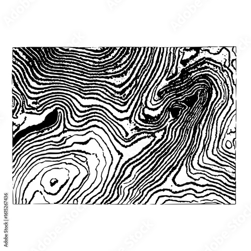 Abstract topographical map illustration with black contour lines on a white background shows elevation changes