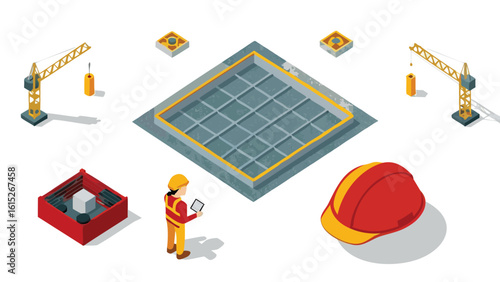 Isometric construction site featuring cranes worker manhole cover and safety equipment in a vector scene