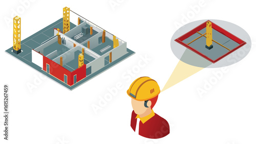 Illustration of a building under construction with a worker wearing a hard hat and headset viewing it