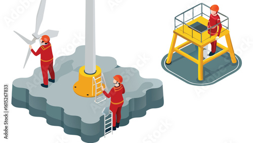 Isometric view of wind turbine maintenance workers and platform on a gray surface with white background