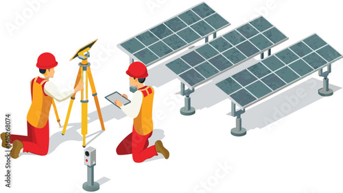 Isometric view of solar panel installation with workers using surveying equipment and a tablet device