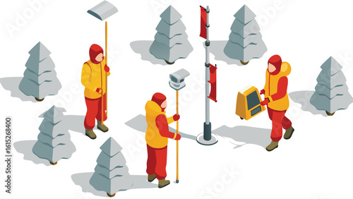 Isometric view of snow surveyors working in a snowy landscape with pine trees and survey equipment