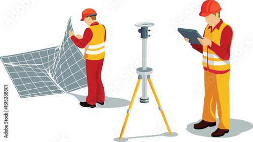 Workers installing solar panel array with surveying equipment for renewable energy project on a site