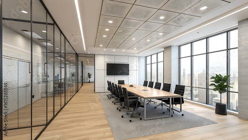 The layout features a large window allowing natural light to flood the room, highlighting the wooden flooring. A sleek, white desk with black legs is positioned near the window, equipped with dual mon