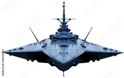 Stealth corvette vessel with angular hull design, naval blue finish, front view with radar mast, PNG format.
