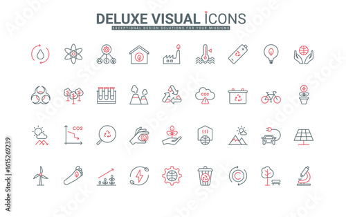 Development of green energy production, reduction of CO2 emissions into environment line icons set. Zero carbon technology, smart house, electric car thin black and red symbols, vector illustration