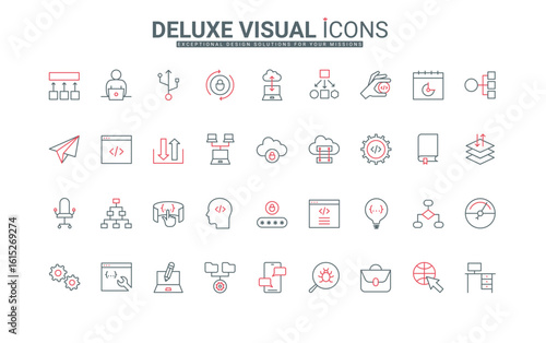 Program code development, software testing and application optimization line icons set. Programming and coding, network management, cloud thin black and red outline symbols, vector illustration