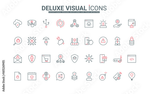 Cyber security, confidential data protection line icons set. Digital services and settings to protect personal information, safety connection thin black and red outline symbols, vector illustration