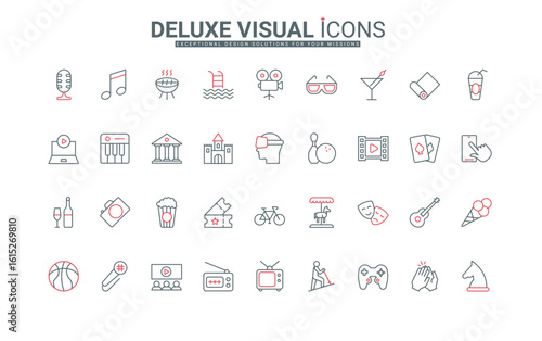Entertainment event, leisure thin black and red line icons set vector illustration. Outline public museum and cinema theater symbols, fun music party and show, ticket for movie and microphone