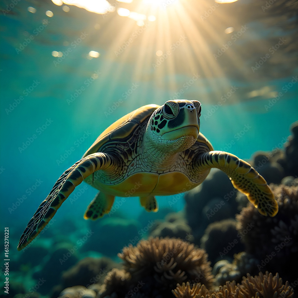 Obraz premium Closeup of a green sea turtle swimming underwater under the lights