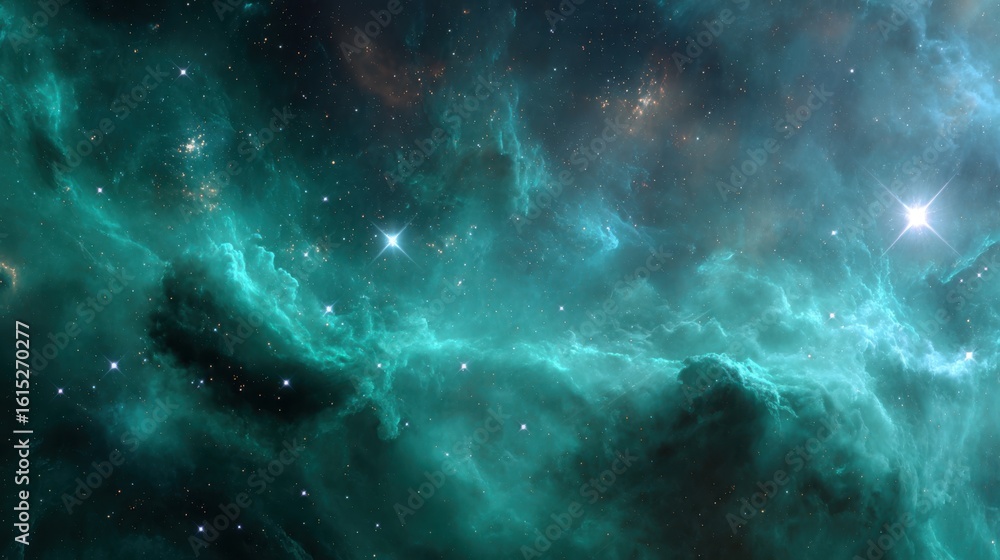 Fototapeta premium Vibrant teal nebula swirls with distant stars isolated on white background