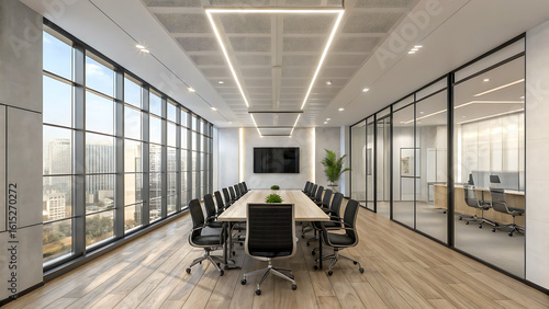 The layout features a large window allowing natural light to flood the room, highlighting the wooden flooring. A sleek, white desk with black legs is positioned near the window, equipped with dual mon