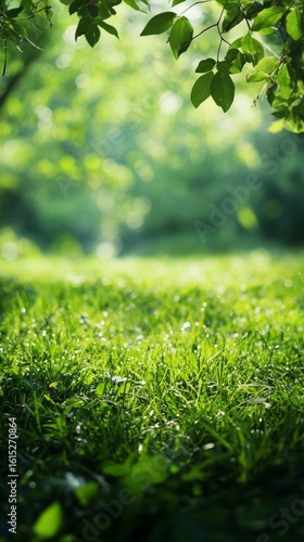 Green Grass with Dew Drops in a Lush Garden Setting