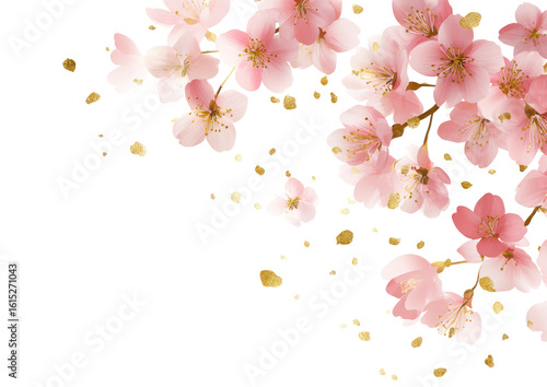 Pink cherry blossoms with gold glitter, black background