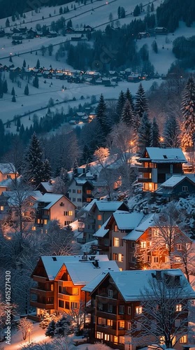 Cozy Alpine Village at Twilight, Magical Winter Christmas Scene