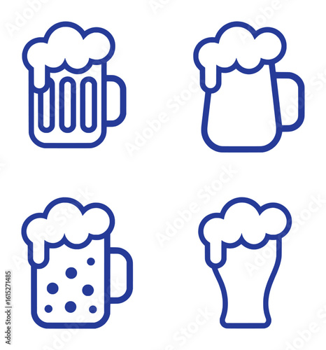 Four blue beer mugs with foamy tops glass drink