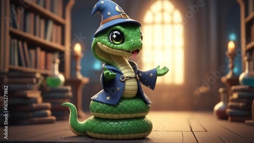 Cute Cartoon Wizard Snake in a Library with Magic, Sparkles and a Wizard Hat