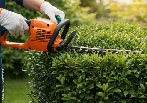 Using electric hedge trimmer for trimming bushes in garden