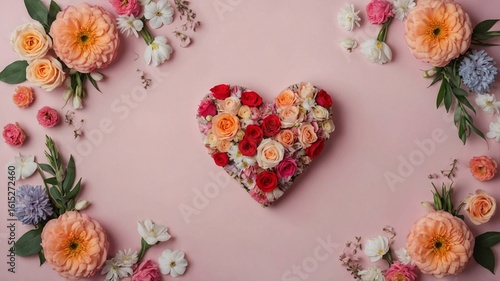 A heart-shaped arrangement of vibrant roses surrounded by colorful flowers on a soft pink background, creating a romantic atmosphere.