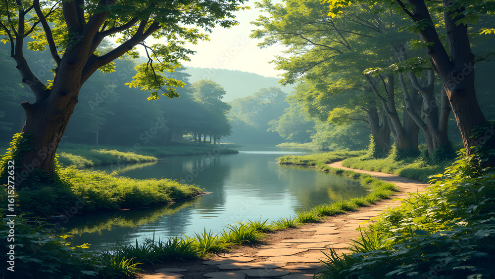 Fototapeta premium Serene nature trail with tranquil ponds