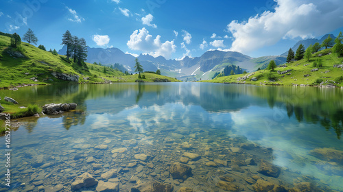 Idyllic summer landscape with clear mountain lake in the Alp