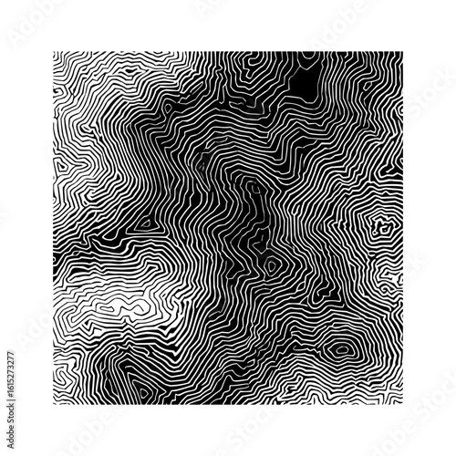 Abstract topographic map illustration with black background and white contour lines showing elevation changes