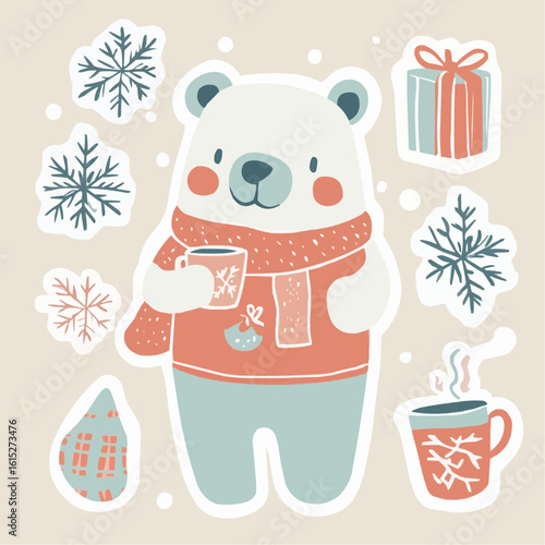 Warm winter bear sticker sheet with cheerful elements, great for holiday gift wrapping, printable tags, and seasonal packaging